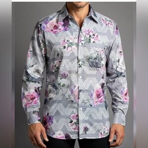 Hula Tease Hawaii Designer Polynesian collar button up Rose long sleeve shirt